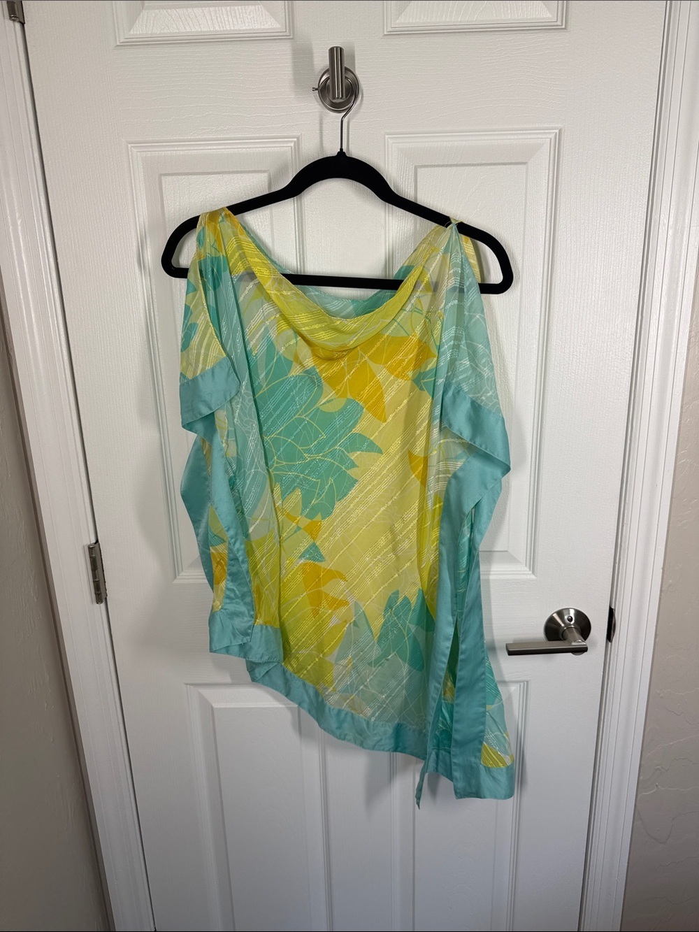 Sheer silky yellow and turquoise scoop neck asymmetrical hem flowy blouse large